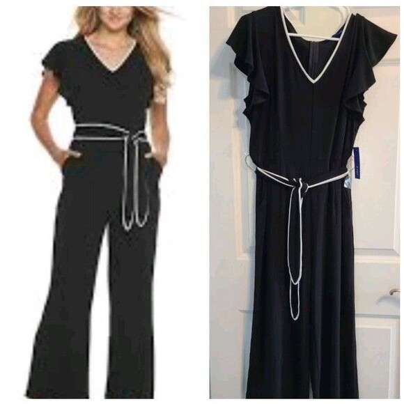 NWT $60 Apt 9 Black White Midi Cropped Wide Leg Ruffled  Sleeve Jumpsuit Sz S - Picture 1 of 12